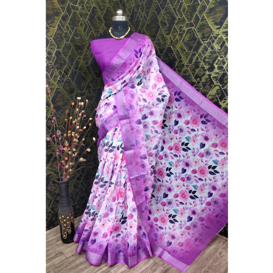 Women's Cotton Linen Woven Design Saree With Unstitched Blouse 5.5Mtr (Purple)