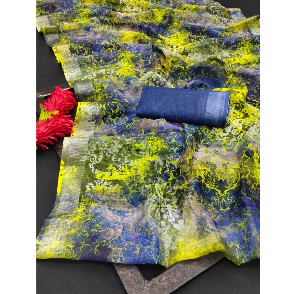 Women's Cotton Linen Woven Design Saree With Unstitched Blouse 5.5Mtr (Blue)