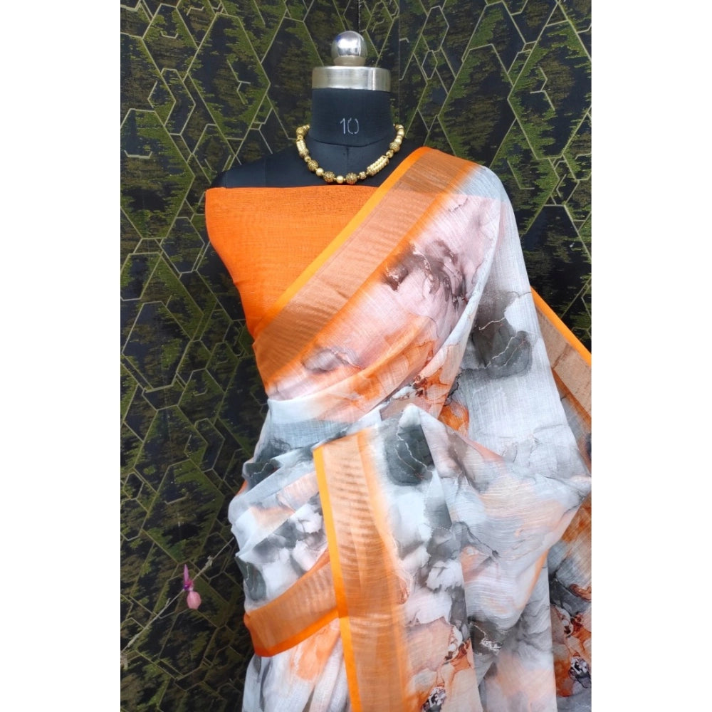 Women's Cotton Linen Woven Design Saree With Unstitched Blouse 5.5Mtr (Orange)