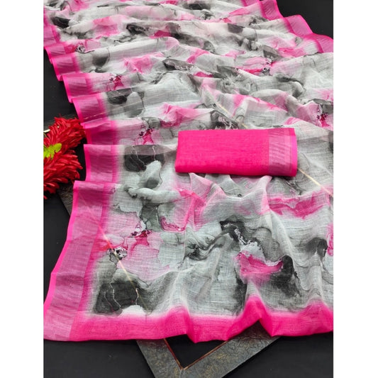 Women's Cotton Linen Woven Design Saree With Unstitched Blouse 5.5Mtr (Pink)