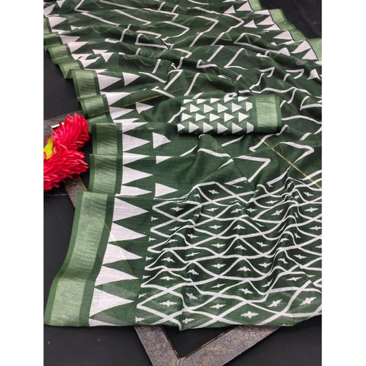 Women's Cotton Linen Woven Design Saree With Unstitched Blouse 5.5Mtr (Green)