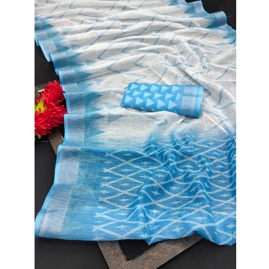 Women's Cotton Linen Woven Design Saree With Unstitched Blouse 5.5Mtr (Sky Blue)