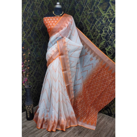 Women's Cotton Linen Woven Design Saree With Unstitched Blouse 5.5Mtr (Orange)