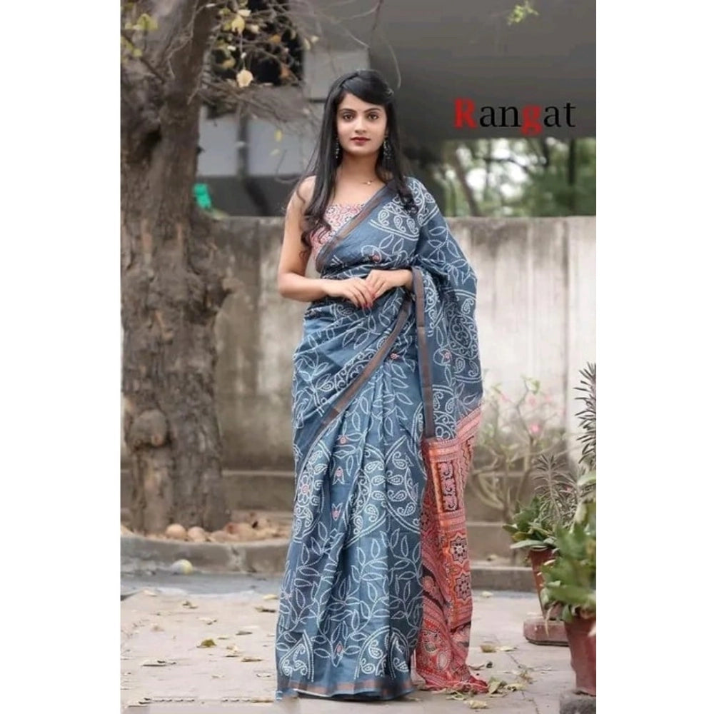 Women's Cotton Linen Printed Saree With Unstitched Blouse 5.5Mtr (Grey)