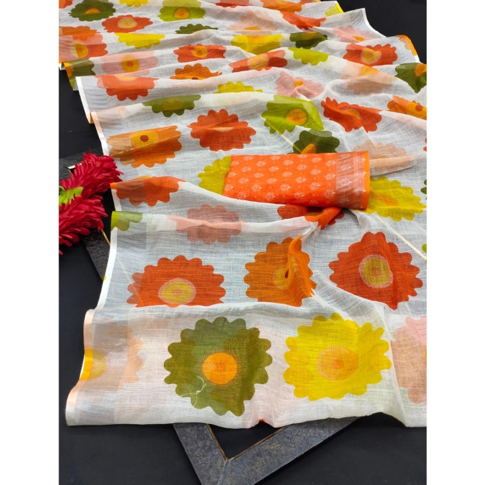 Women's Cotton Linen Woven Design Saree With Unstitched Blouse 5.5Mtr (Orange)