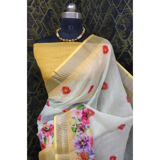 Women's Cotton Linen Woven Design Saree With Unstitched Blouse 5.5Mtr (Yellow)
