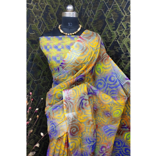 Women's Cotton Linen Woven Design Saree With Unstitched Blouse 5.5Mtr (Yellow)