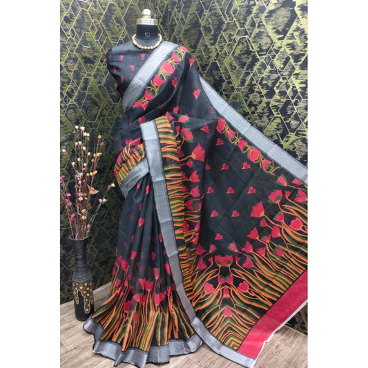 Women's Cotton Linen Digital Print Saree With Unstitched Blouse 5.5Mtr (Black)