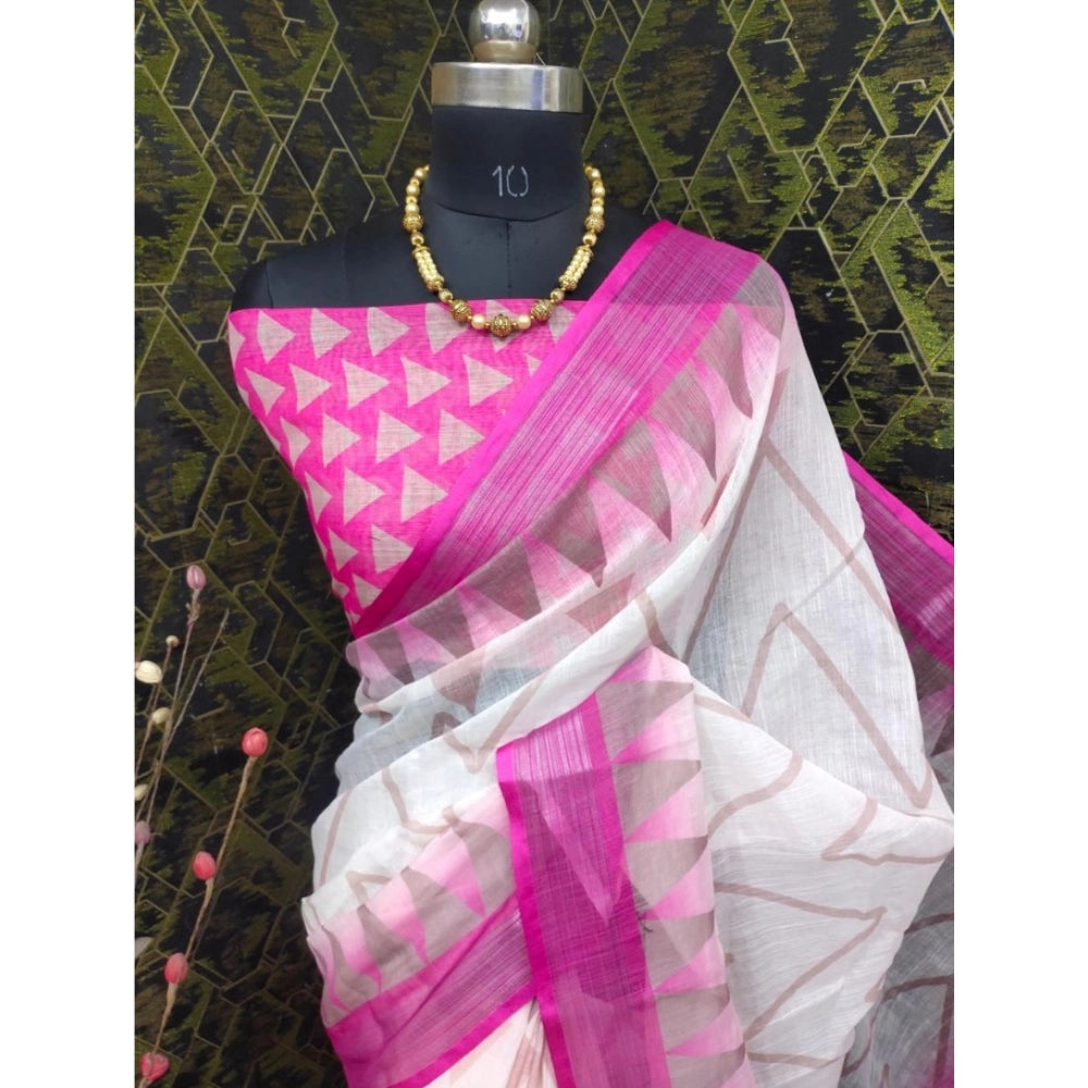 Women's Cotton Linen Woven Design Saree With Unstitched Blouse 5.5Mtr (Pink)