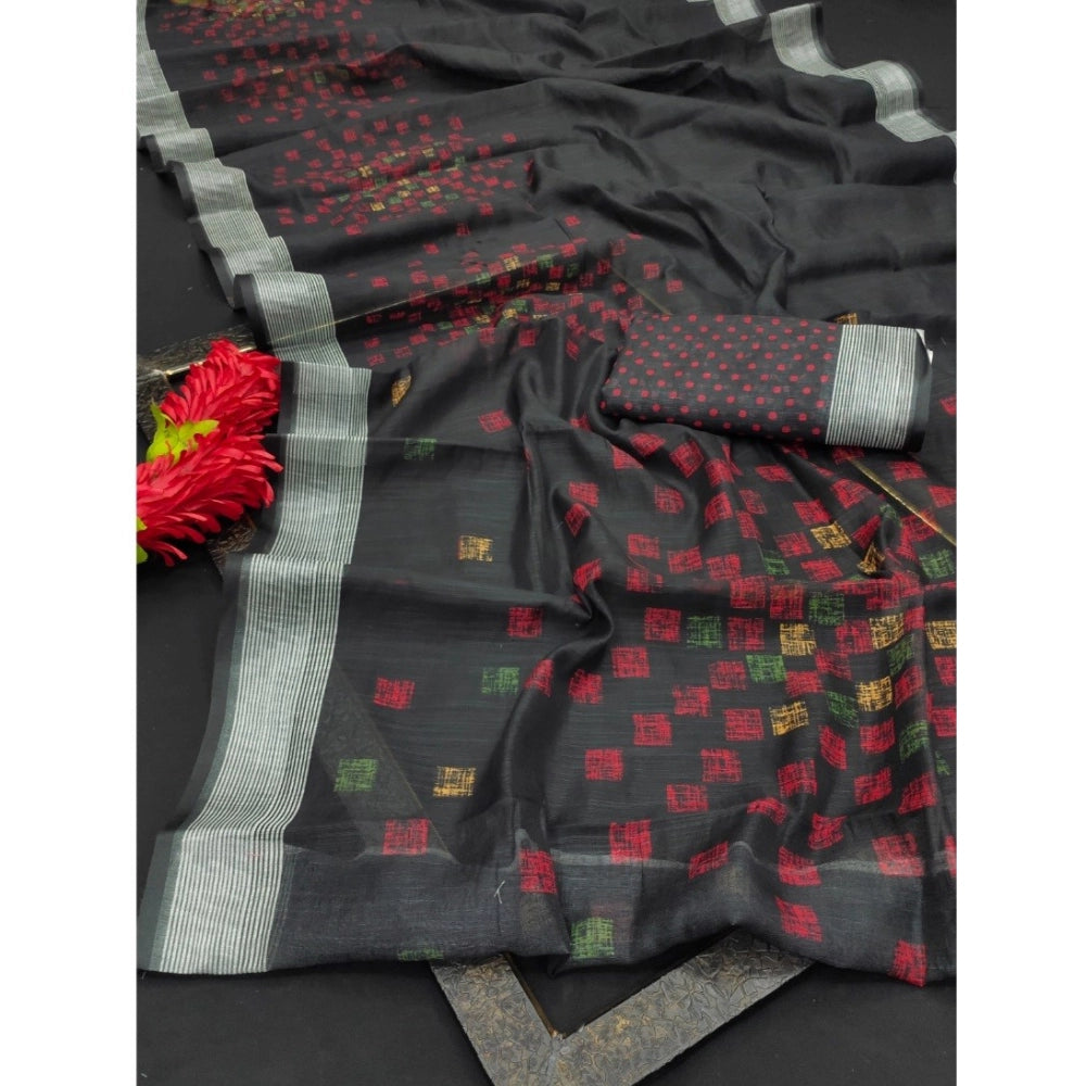 Women's Cotton Linen Digital Print Saree With Unstitched Blouse 5.5Mtr (Black)