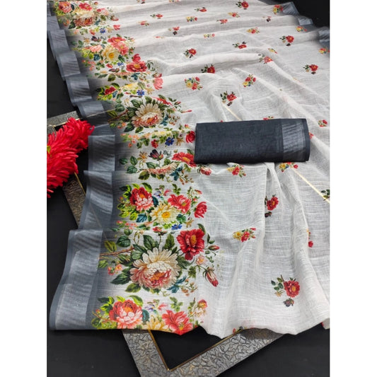 Women's Cotton Linen Woven Design Saree With Unstitched Blouse 5.5Mtr (Black)