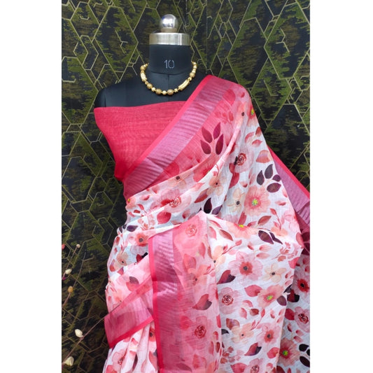 Women's Cotton Linen Woven Design Saree With Unstitched Blouse 5.5Mtr (Red)