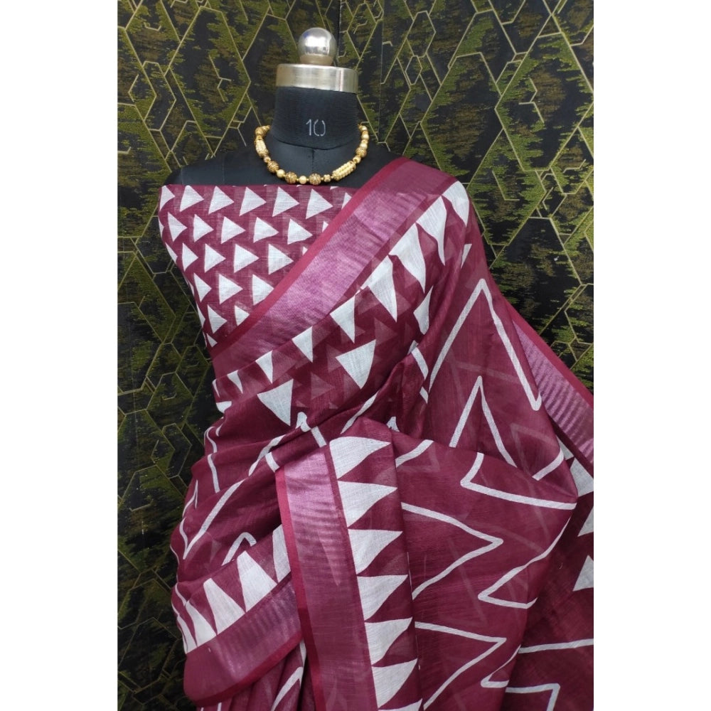 Women's Cotton Linen Woven Design Saree With Unstitched Blouse 5.5Mtr (Maroon)