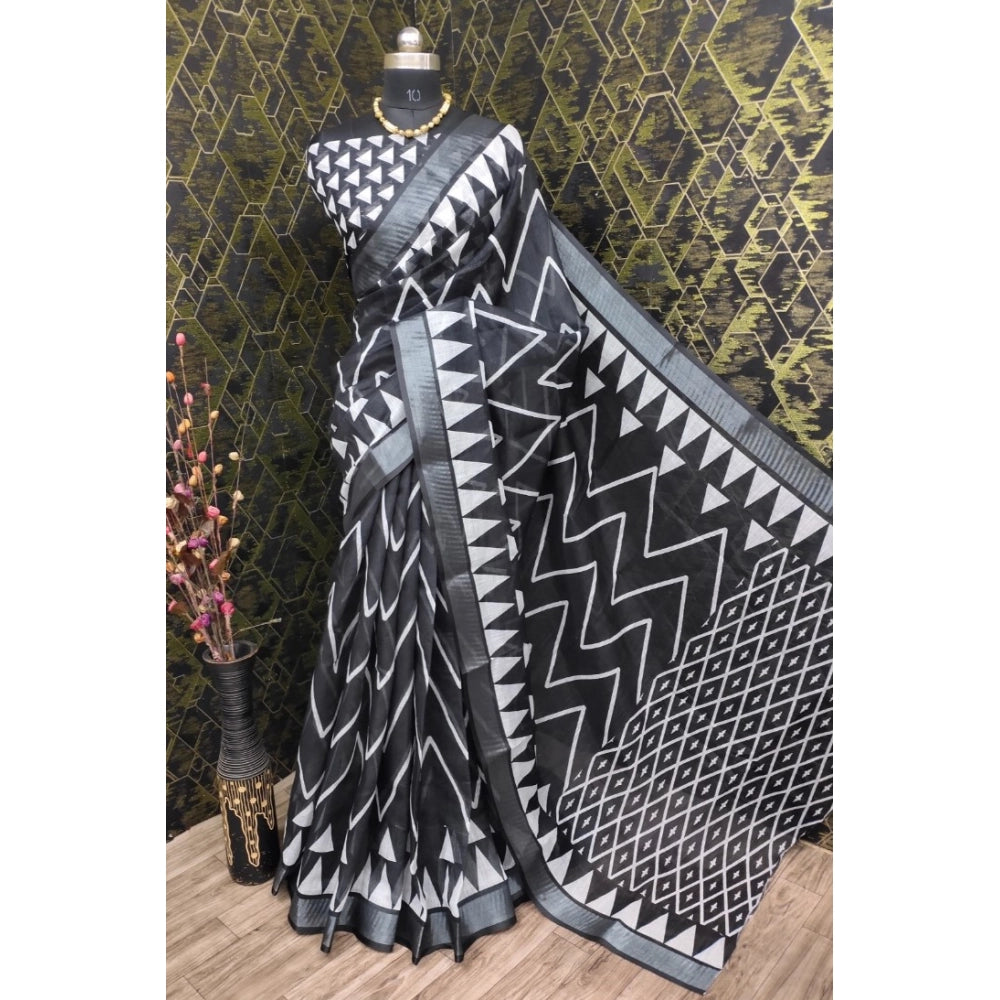 Women's Cotton Linen Woven Design Saree With Unstitched Blouse 5.5Mtr (Black)