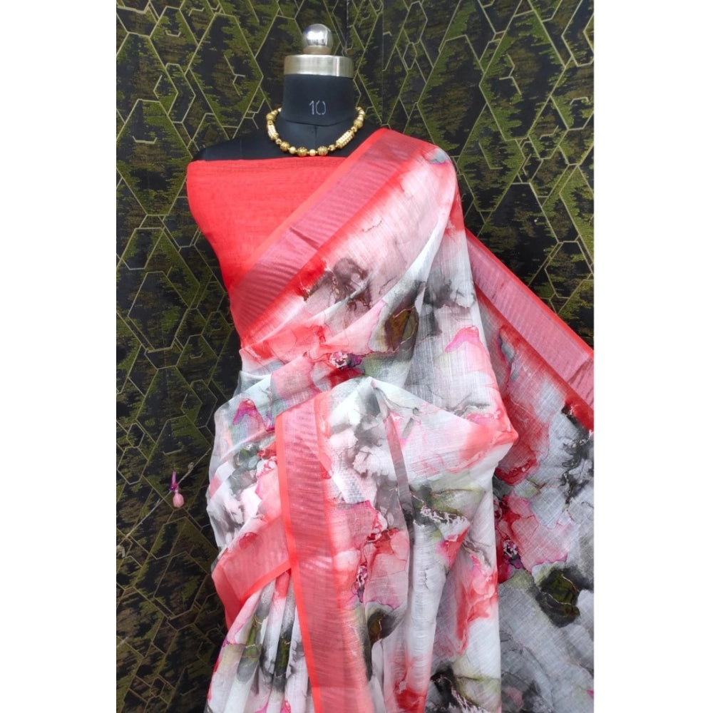 Women's Cotton Linen Woven Design Saree With Unstitched Blouse 5.5Mtr (Red)