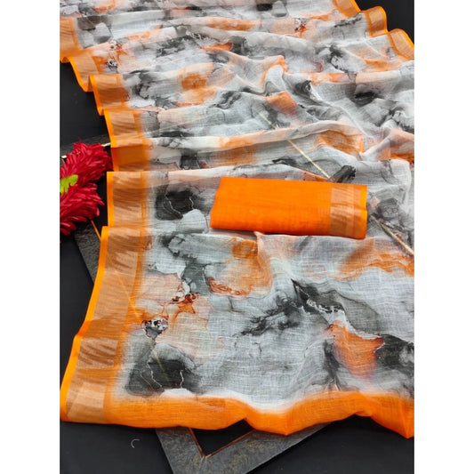 Women's Cotton Linen Woven Design Saree With Unstitched Blouse 5.5Mtr (Orange)