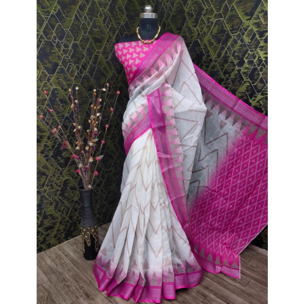 Women's Cotton Linen Woven Design Saree With Unstitched Blouse 5.5Mtr (Pink)
