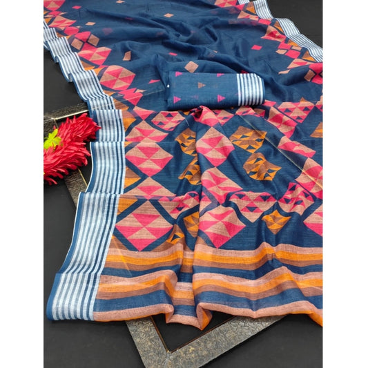 Women's Cotton Linen Digital Print Saree With Unstitched Blouse 5.5Mtr (Blue)