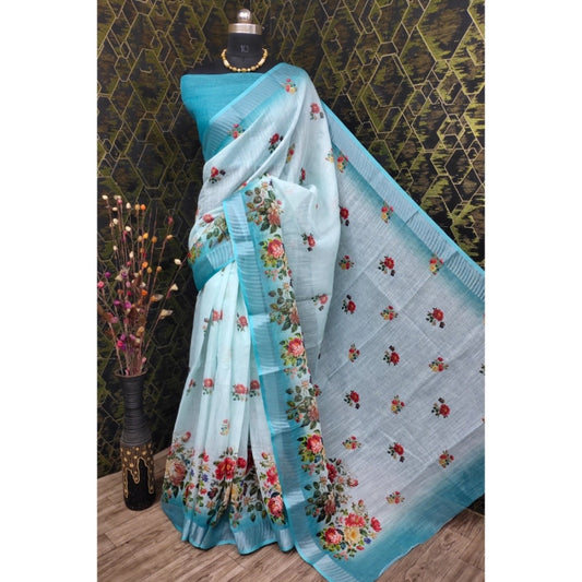 Women's Cotton Linen Woven Design Saree With Unstitched Blouse 5.5Mtr (Sky)