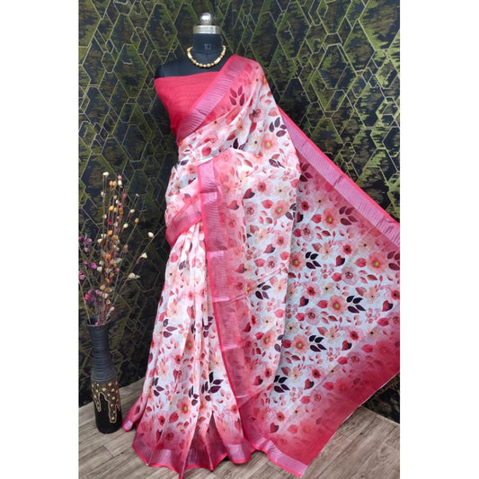 Women's Cotton Linen Woven Design Saree With Unstitched Blouse 5.5Mtr (Red)