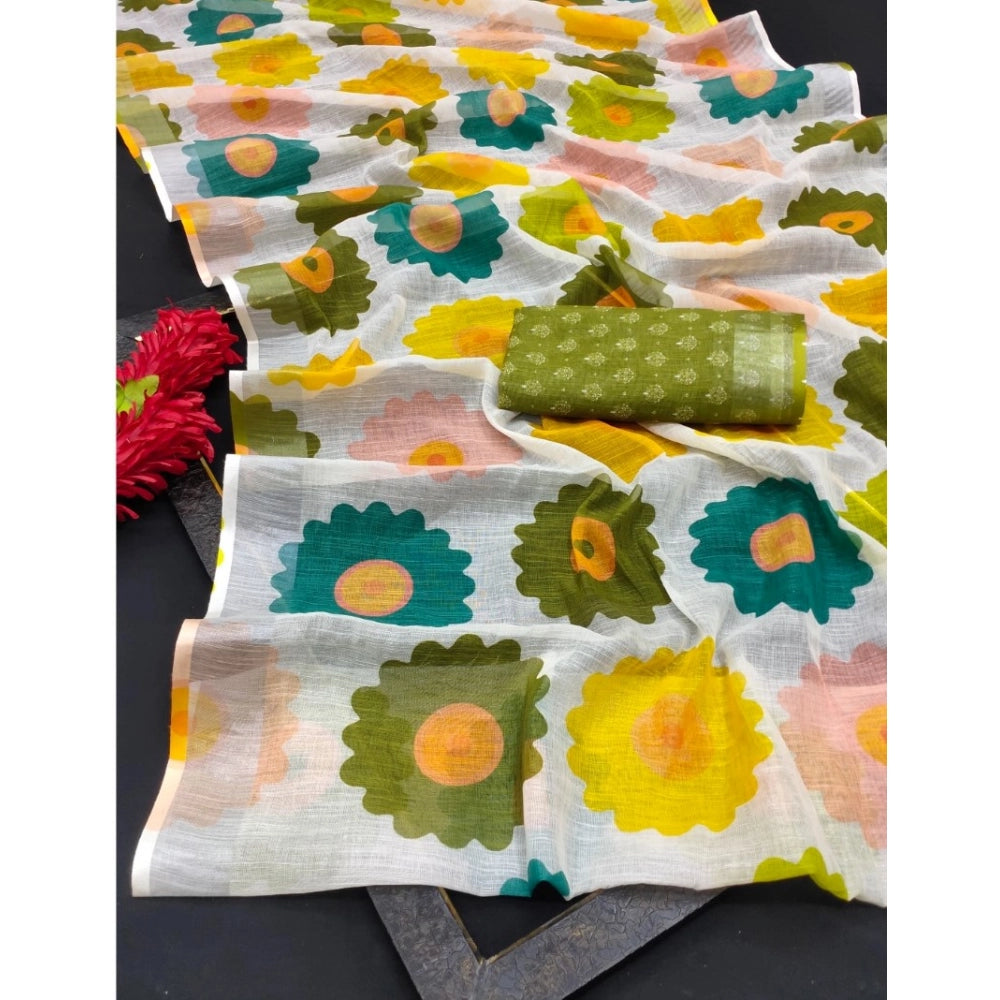 Women's Cotton Linen Woven Design Saree With Unstitched Blouse 5.5Mtr (Green)