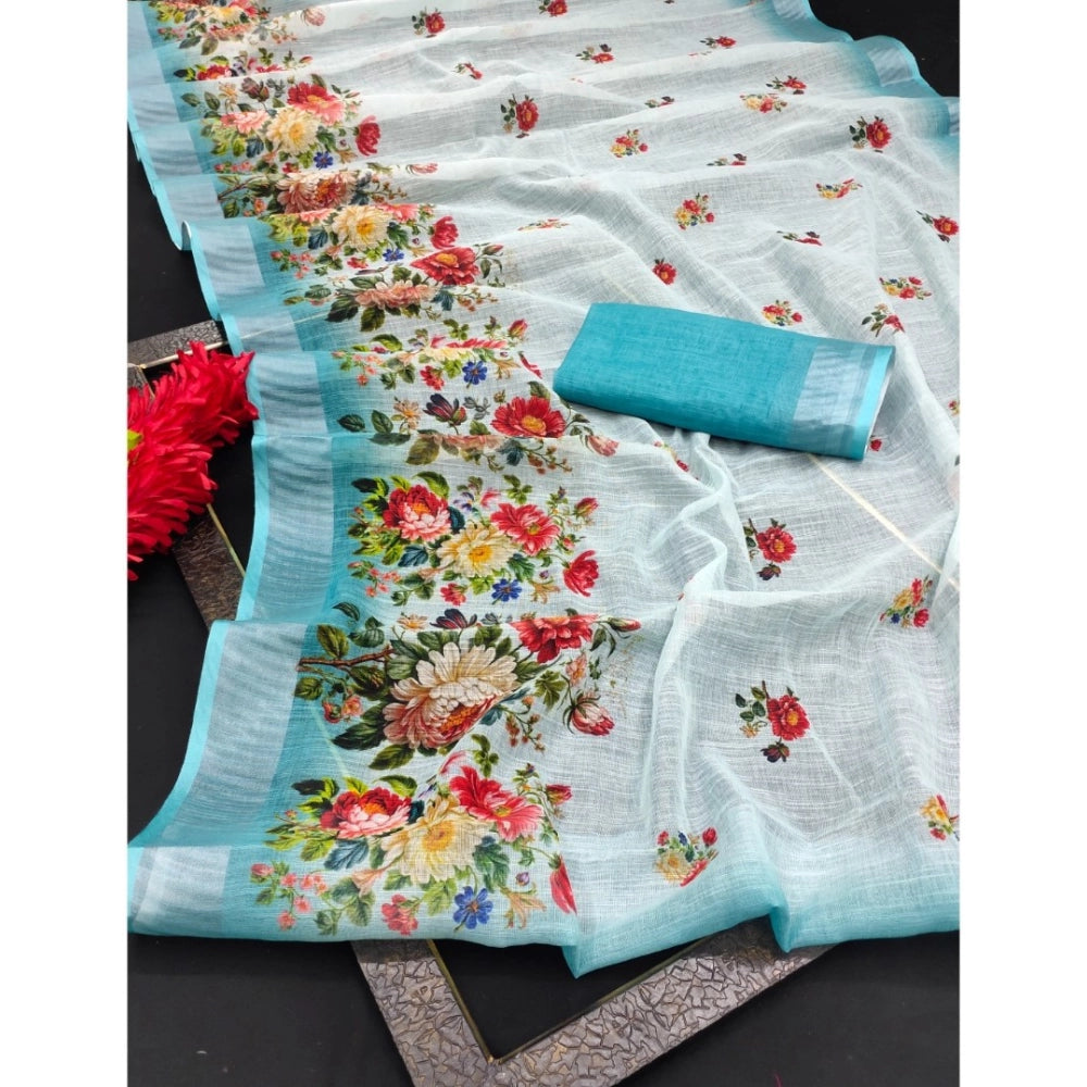 Women's Cotton Linen Woven Design Saree With Unstitched Blouse 5.5Mtr (Sky)