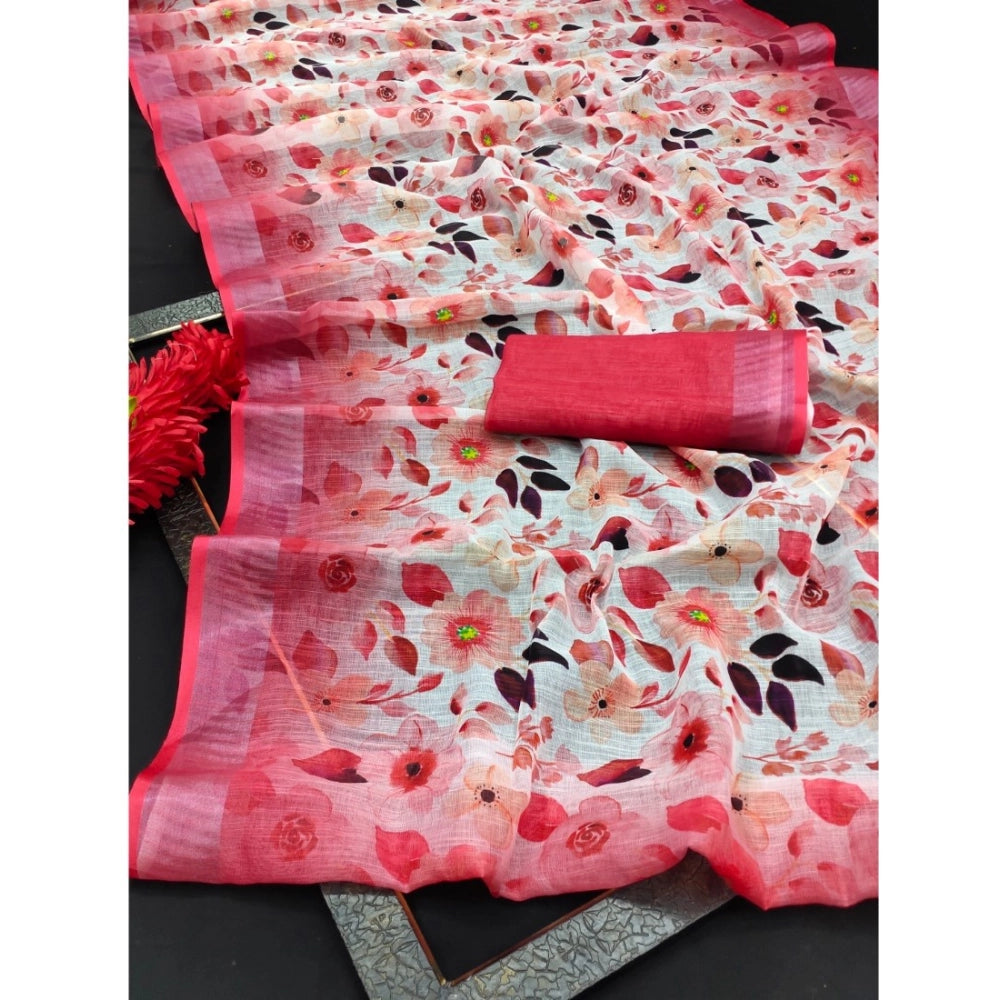 Women's Cotton Linen Woven Design Saree With Unstitched Blouse 5.5Mtr (Red)