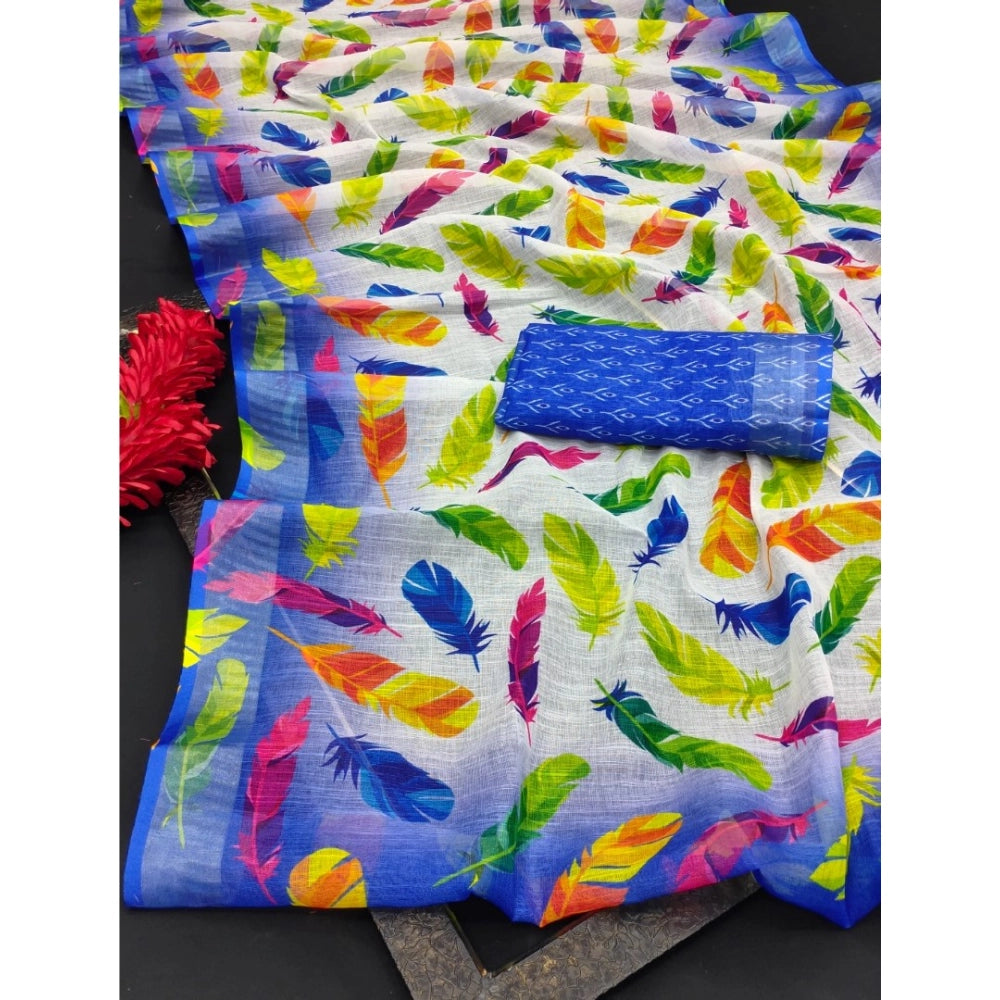 Women's Cotton Linen Woven Design Saree With Unstitched Blouse 5.5Mtr (Blue)