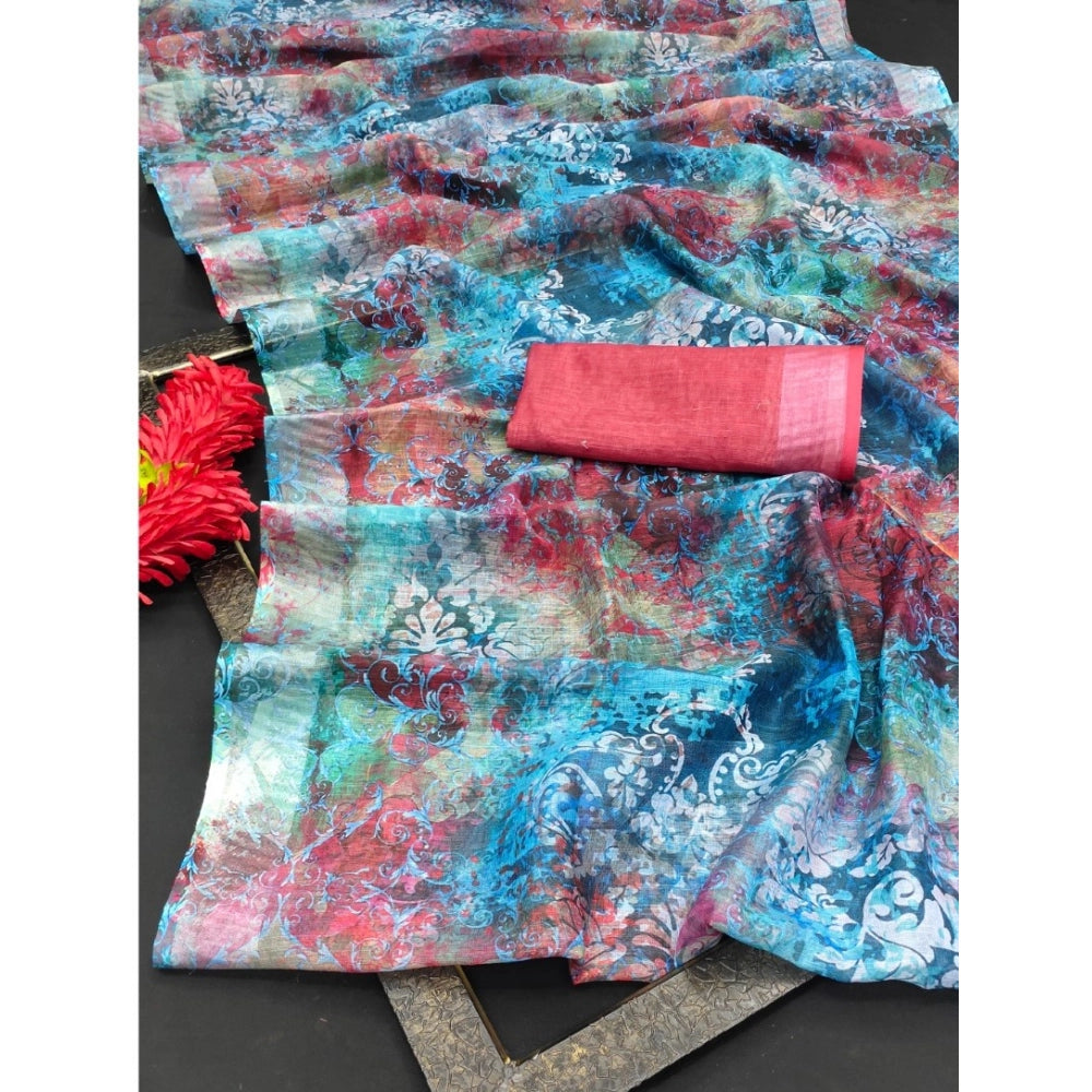 Women's Cotton Linen Woven Design Saree With Unstitched Blouse 5.5Mtr (Blue)