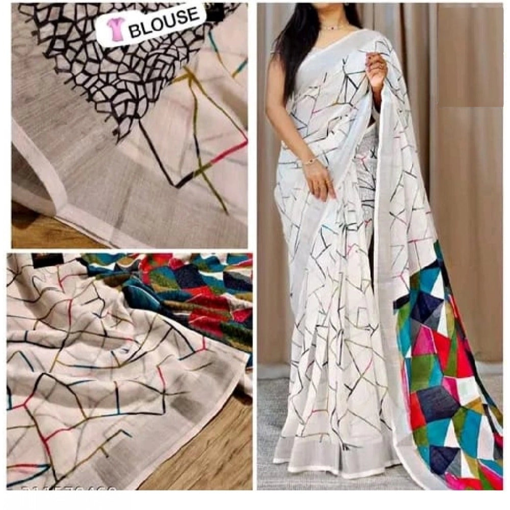 Women's Cotton Linen Printed Saree With Unstitched Blouse 5.5Mtr (White)