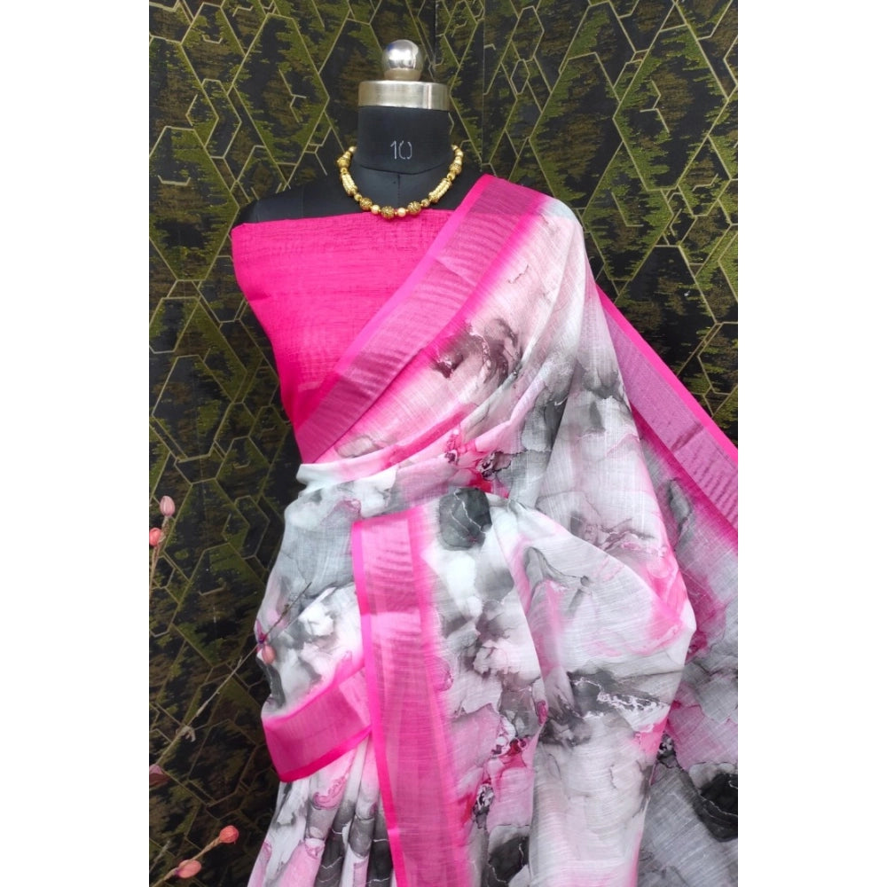 Women's Cotton Linen Woven Design Saree With Unstitched Blouse 5.5Mtr (Pink)