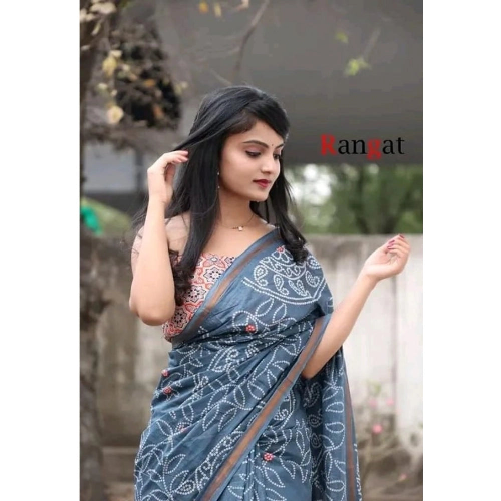 Women's Cotton Linen Printed Saree With Unstitched Blouse 5.5Mtr (Grey)