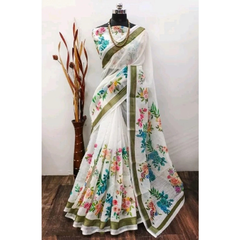 Women's Cotton Linen Printed Saree With Unstitched Blouse 5.5Mtr (Multicolor)