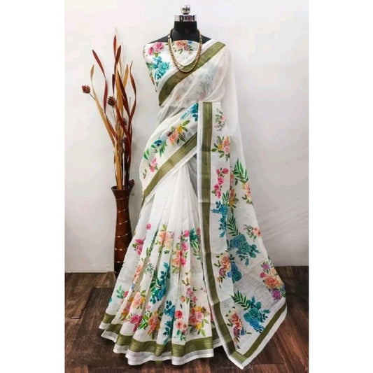 Women's Cotton Linen Printed Saree With Unstitched Blouse 5.5Mtr (Multicolor)