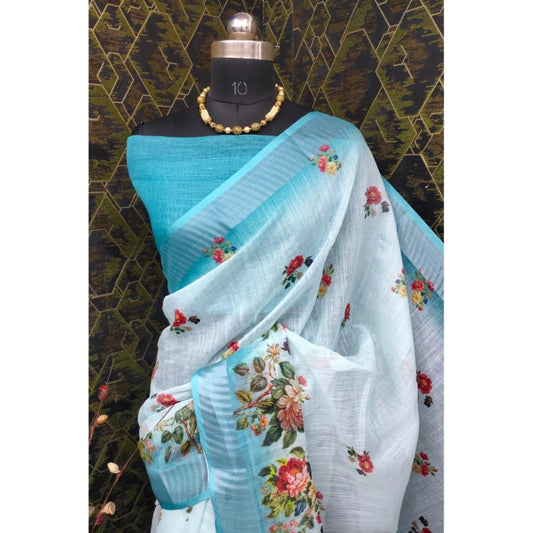 Women's Cotton Linen Woven Design Saree With Unstitched Blouse 5.5Mtr (Sky)