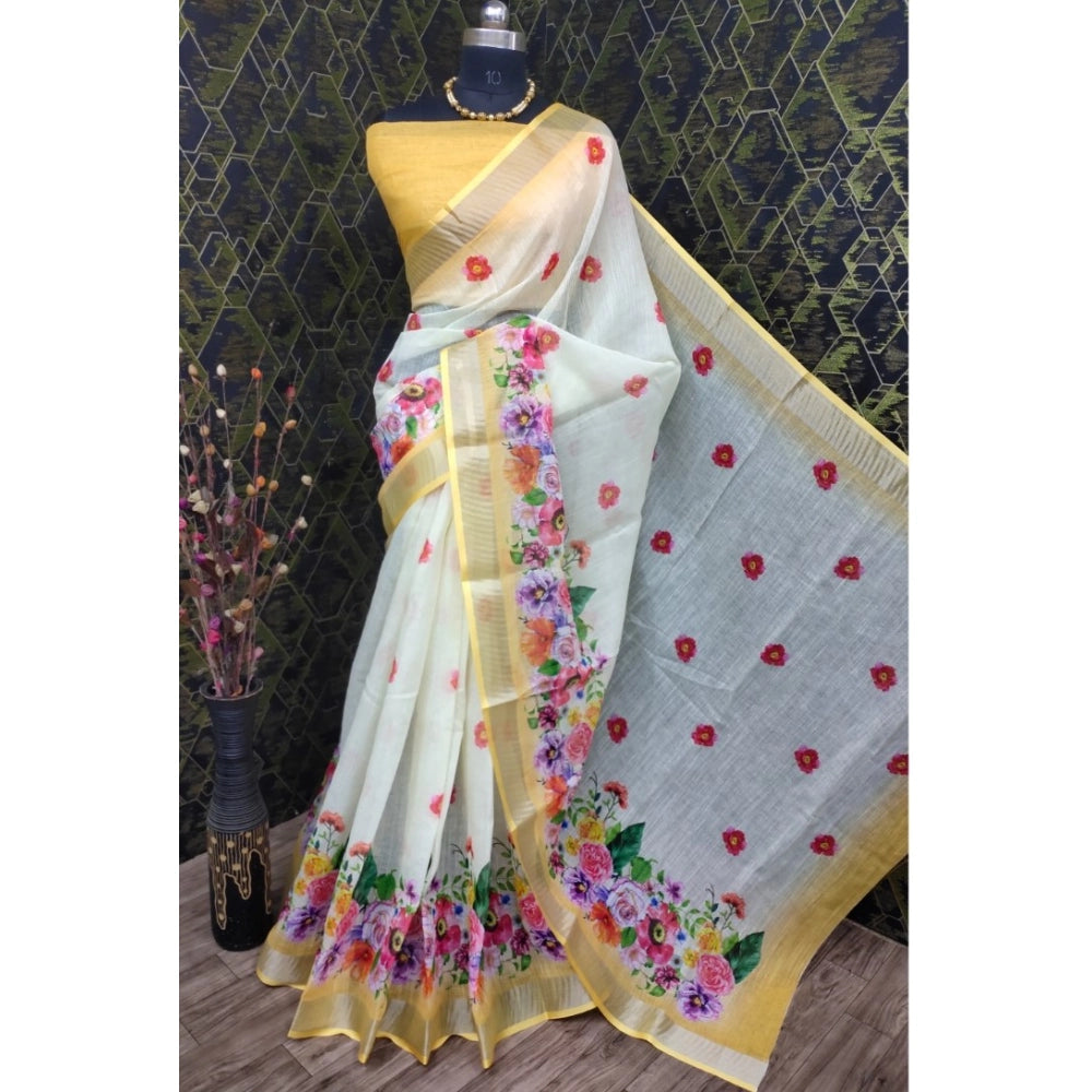 Women's Cotton Linen Woven Design Saree With Unstitched Blouse 5.5Mtr (Yellow)