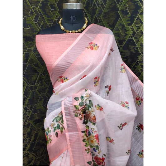 Women's Cotton Linen Woven Design Saree With Unstitched Blouse 5.5Mtr (Peach)