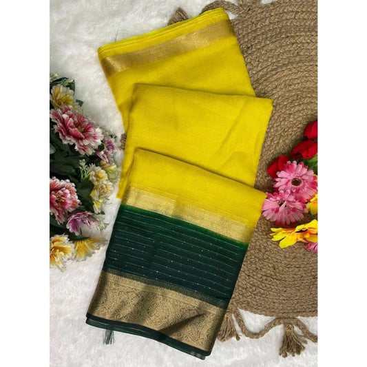 Women's Khadi Cotton  Solid Saree With Unstitched Blouse 5.5Mtr (Yellow)