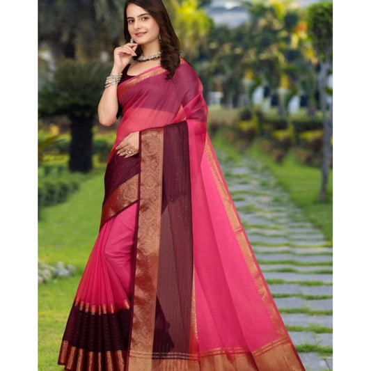 Women's Khadi Cotton  Solid Saree With Unstitched Blouse 5.5Mtr (Pink)