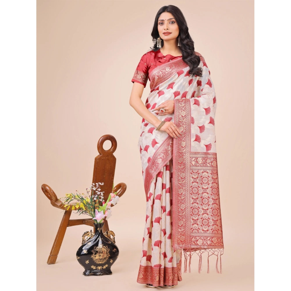 Women's Linen Cotton Printed Saree With Unstitched Blouse 5.5Mtr (Red)
