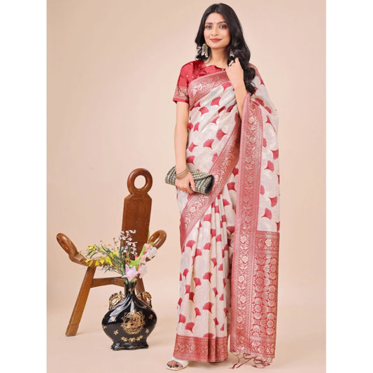Women's Linen Cotton Printed Saree With Unstitched Blouse 5.5Mtr (Maroon)