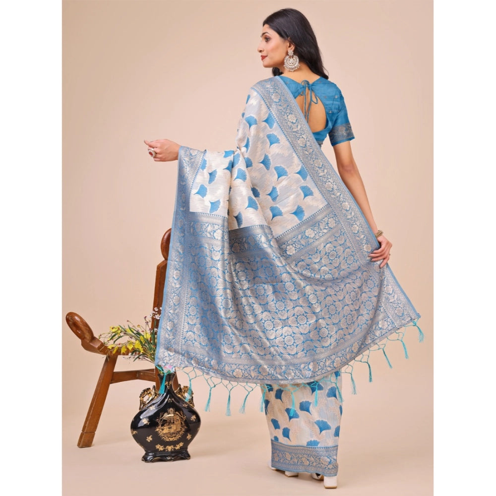 Women's Linen Cotton Printed Saree With Unstitched Blouse 5.5Mtr (Sky Blue)