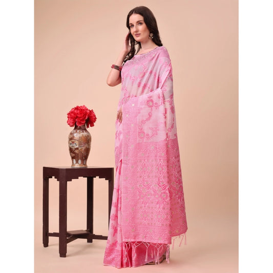 Women's Cotton Printed Saree With Unstitched Blouse 5.5Mtr (Pink)