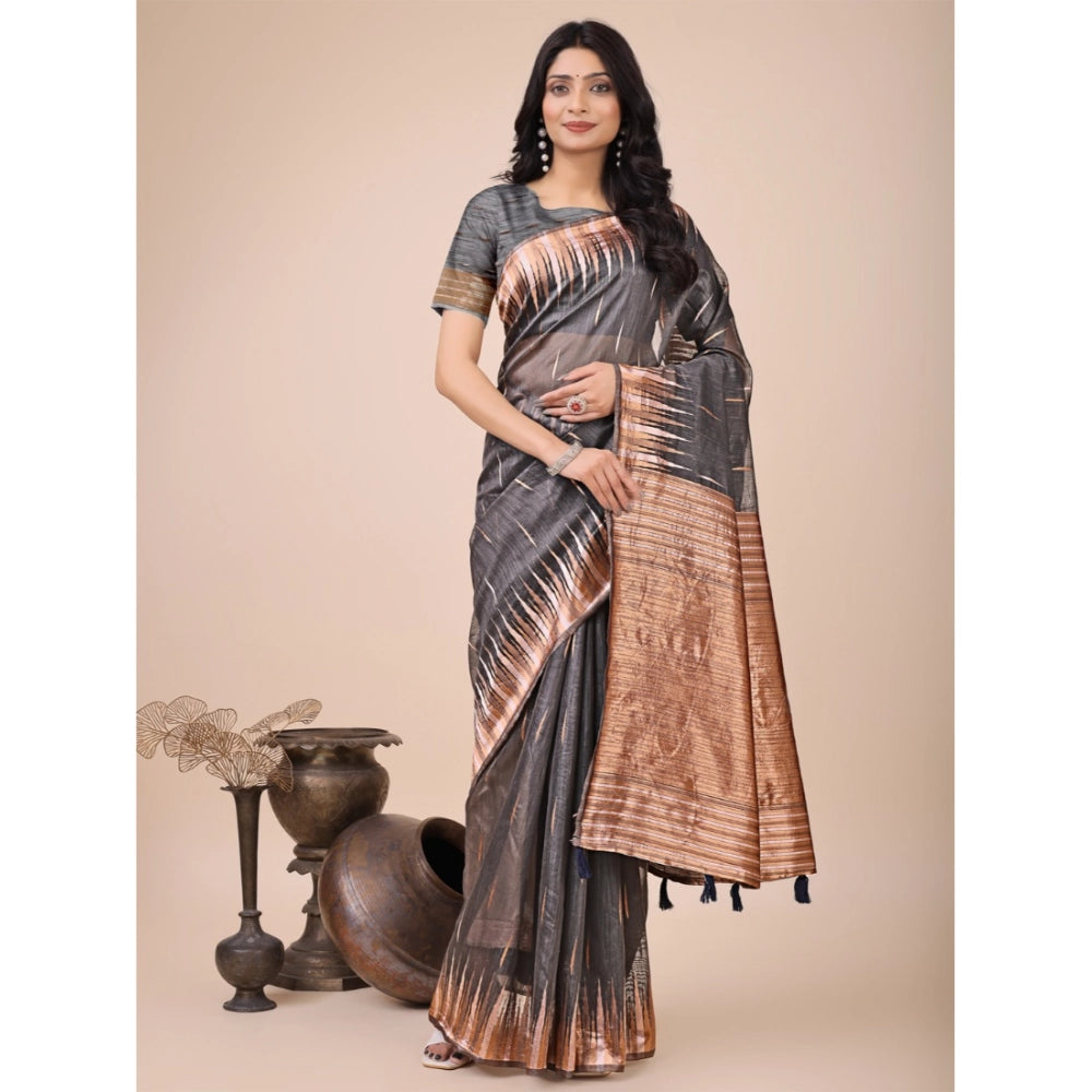 Women's Linen Cotton Printed Saree With Unstitched Blouse 5.5Mtr (Grey)
