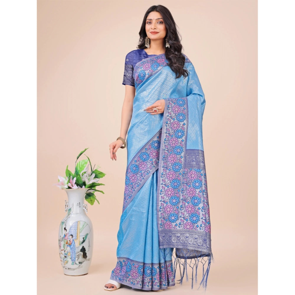 Women's Lichi Silk Printed Saree With Unstitched Blouse 5.5Mtr (Sky Blue)