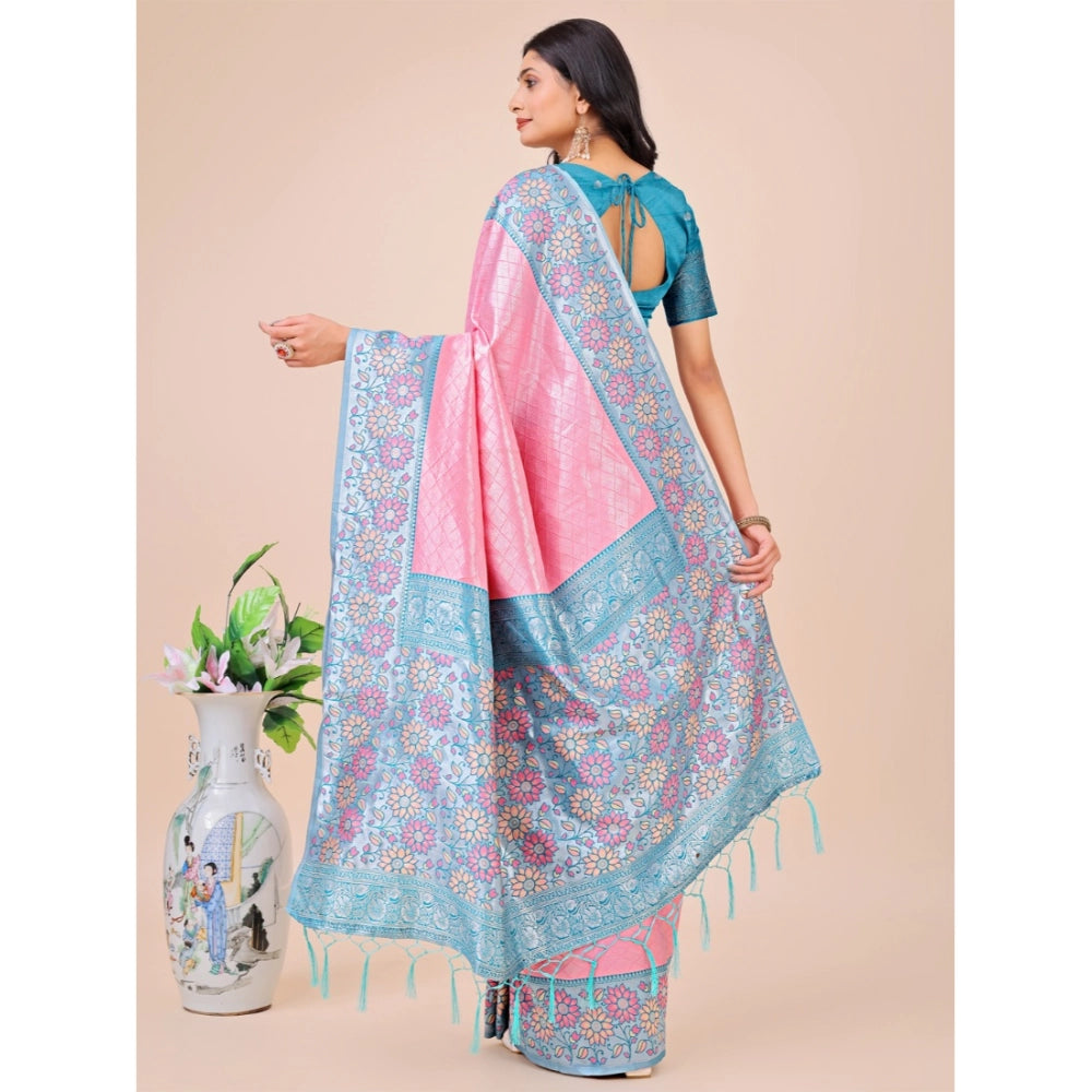 Women's Lichi Silk Printed Saree With Unstitched Blouse 5.5Mtr (Pink)