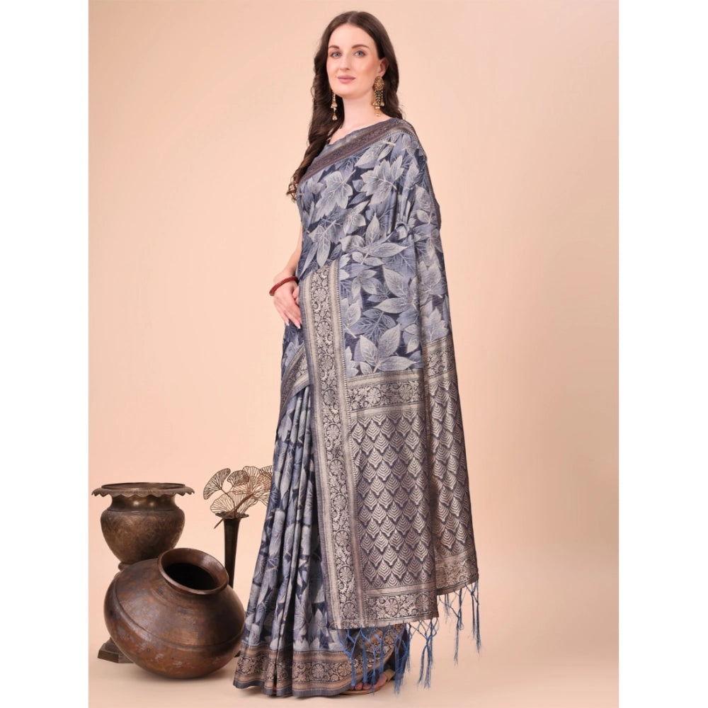 Women's Cotton Printed Saree With Unstitched Blouse 5.5Mtr (Navy Blue)