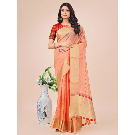 Women's Organza Printed Saree With Unstitched Blouse 5.5Mtr (Peach)
