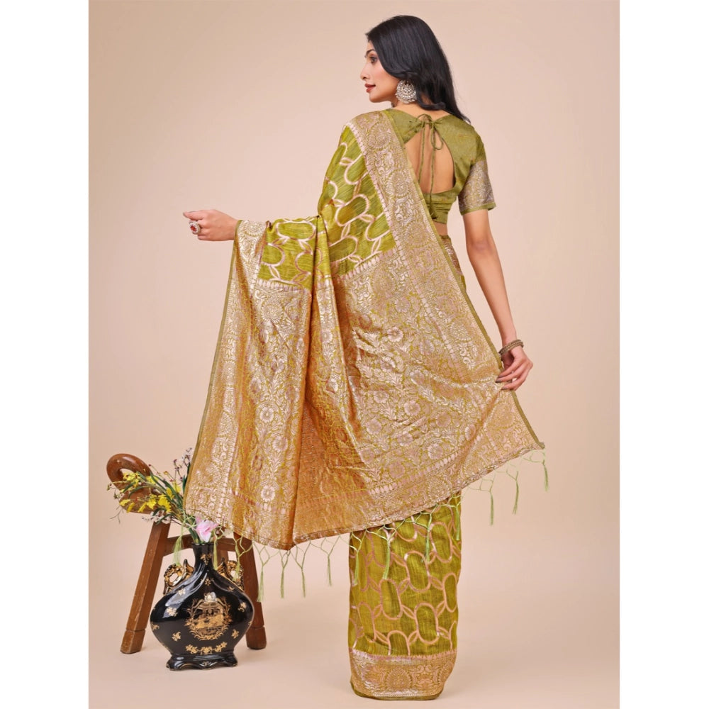 Women's Linen Cotton Printed Saree With Unstitched Blouse 5.5Mtr (Olive Green)