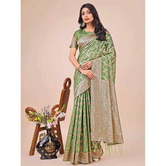Women's Linen Cotton Printed Saree With Unstitched Blouse 5.5Mtr (Green)